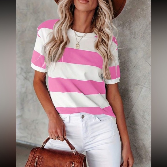 Boho striped round neck casual top - Picture 1 of 4